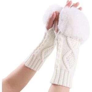 Women's White Winter Arm Warmers Wrist Thumb Hole Faux Fur Fingerless Gloves